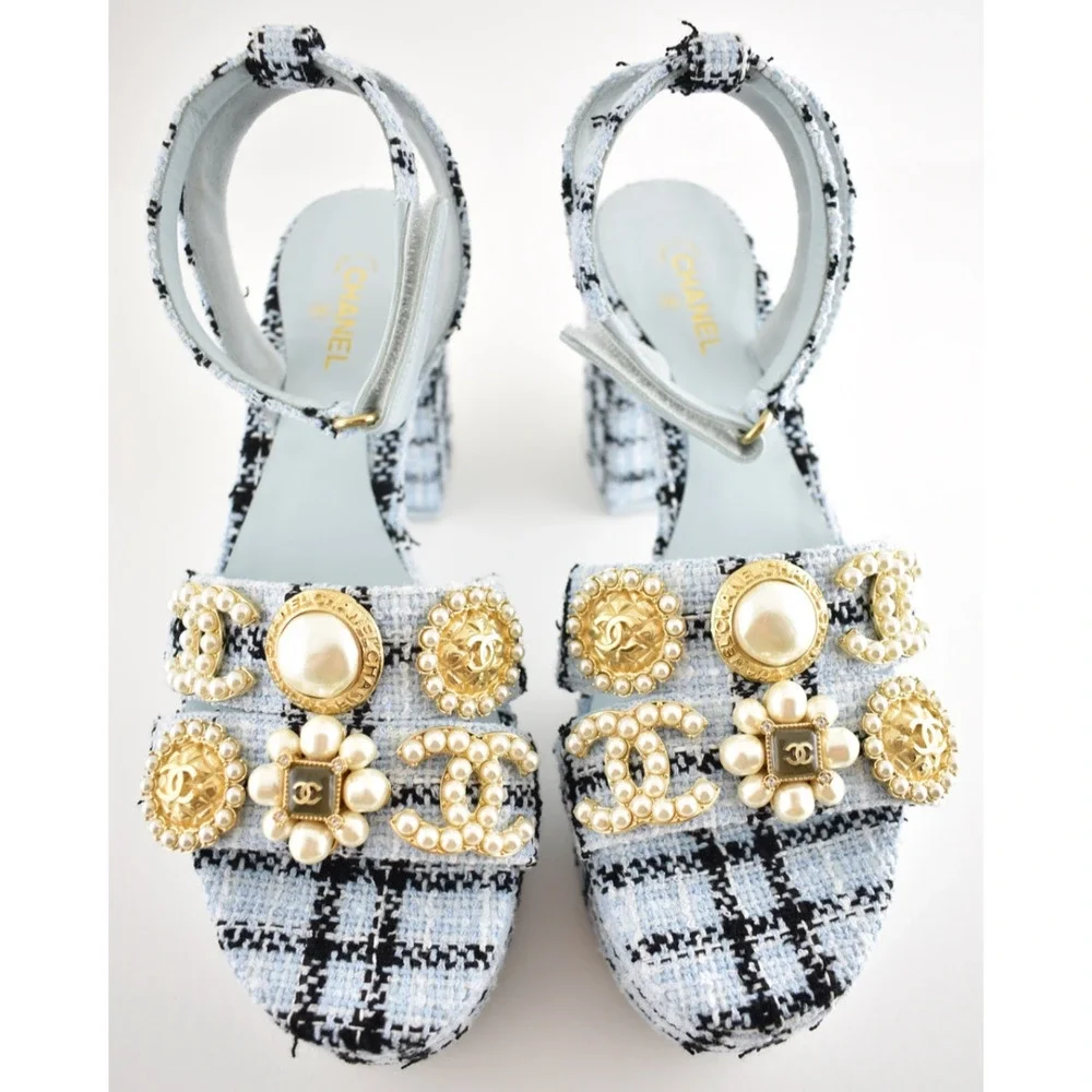 Chanel 25S Blue Black Tweed Pearl CC Logo Platform Strap Block Heel Sandal 40